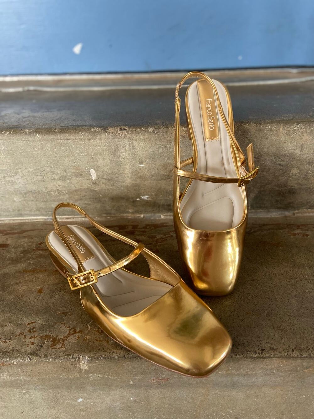 Franco Sarto Destin metallic gold Mary Jane style
sling back